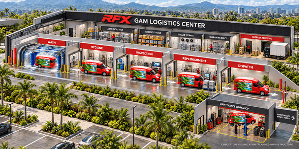 Concept illustration of the planned RFX GAM Logistics Center, where red PulpeMovil vehicles move through wash, hygiene, inspection, replenishment and dispatch bays next to storage rooms and a maintenance workshop.